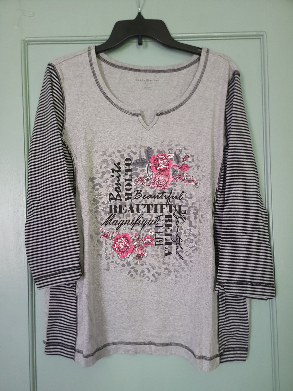 Karen Scott Grey Long-Sleeve Graphic Tee with Pink Floral Accents